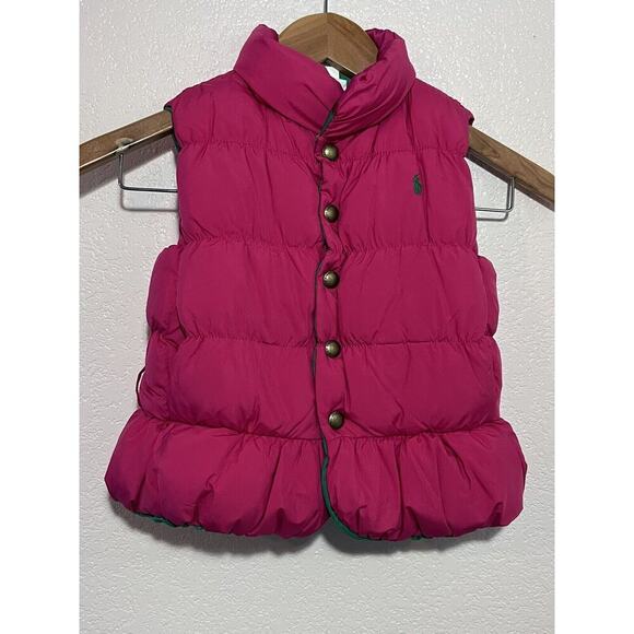 Ralph Lauren Reversible Vest Girls 3T Pink Green PUFFER Down Crest Horse Toddler - Picture 1 of 8